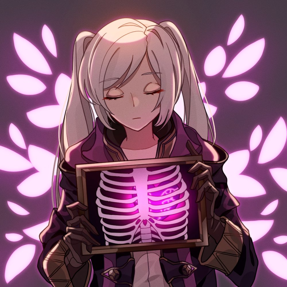 1girl black_gloves bone closed_eyes closed_mouth commentary_request eyebrows_visible_through_hair female_my_unit_(fire_emblem:_kakusei) fire_emblem fire_emblem:_kakusei fire_emblem_heroes gimurei gloves hair_between_eyes heart holding hood hood_down hooded_robe long_hair my_unit_(fire_emblem:_kakusei) nintendo open_clothes pikapika_hoppe ribs robe solo twintails white_hair x-ray