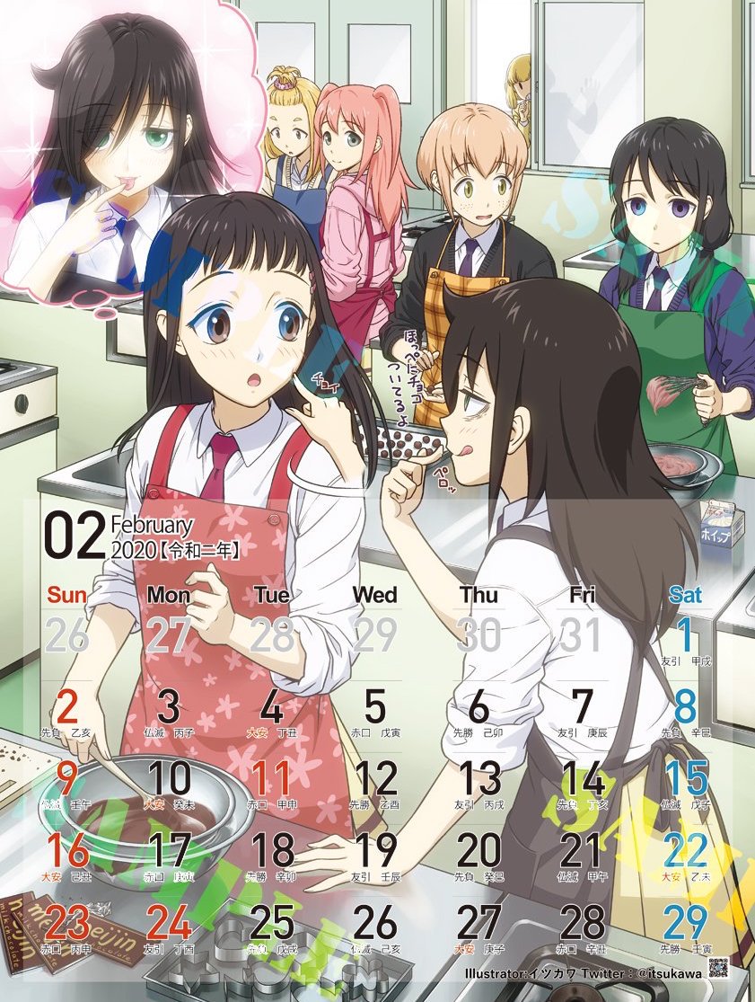 apron bags_under_eyes bangs black_hair blonde_hair blunt_bangs blush bowl box breasts chocolate cooking day food gift gift_box green_eyes hair_between_eyes happy_valentine heart holding holding_gift ichikawa_masahiro kitchen knife kuroki_tomoki kuroki_tomoko long_hair mixing_bowl multiple_girls nemoto_hina okada_akane open_mouth plate pot school_uniform sink smile table tamura_yuri tanaka_mako valentine watashi_ga_motenai_no_wa_dou_kangaetemo_omaera_ga_warui! window