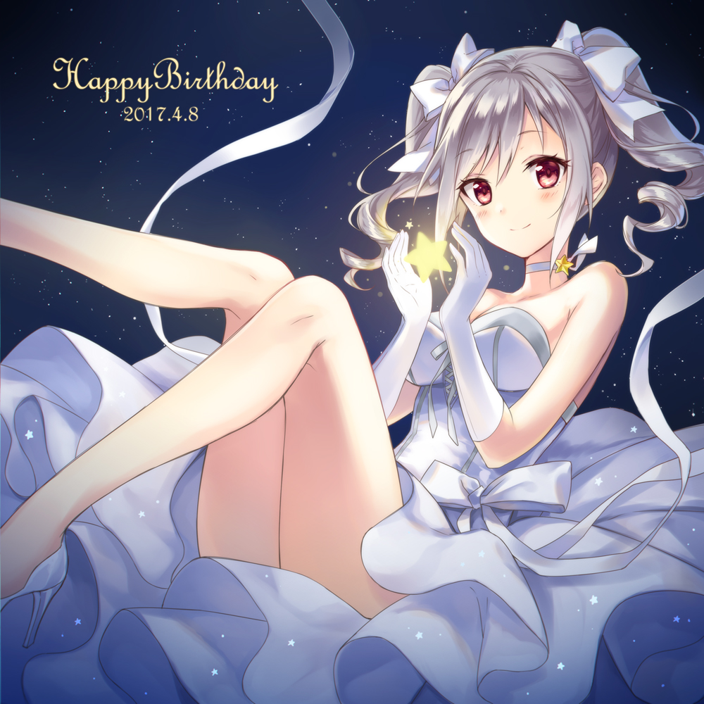 1girl bare_shoulders blush breasts choker collarbone commentary_request dated dress drill_hair gloves grey_hair hair_ribbon happy_birthday high_heels idolmaster idolmaster_cinderella_girls ima_(luce365) kanzaki_ranko large_breasts red_eyes ribbon short_hair short_twintails sky smile solo star star_(sky) starry_sky strapless strapless_dress thighs twin_drills twintails white_dress white_footwear white_gloves white_ribbon
