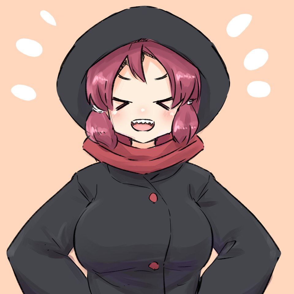 &gt;_&lt; 1girl :d bangs black_jacket blush breasts brown_background closed_eyes commentary_request facing_viewer hair_tie hands_on_hips hood hood_up hooded_jacket jacket kemurikusa long_sleeves medium_breasts open_mouth redhead riku_(kemurikusa) sharp_teeth sidelocks simple_background smile solo teeth u-non_(annon'an) upper_body v-shaped_eyebrows xd