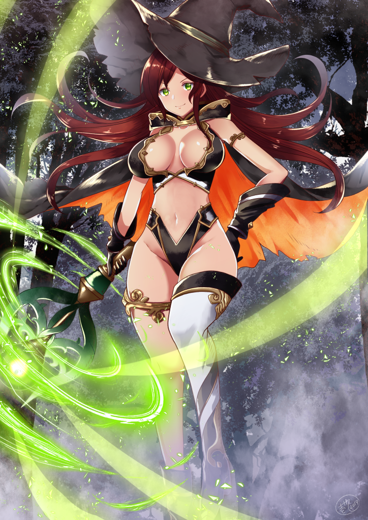 &gt;:) 1girl armlet black_gloves blush breasts cape closed_mouth fantasy forest gloves green_eyes hand_on_hip hat ittokyu large_breasts looking_at_viewer magic nature navel original redhead revealing_clothes sidelocks single_thighhigh smile solo thigh-highs thighlet wand witch witch_hat