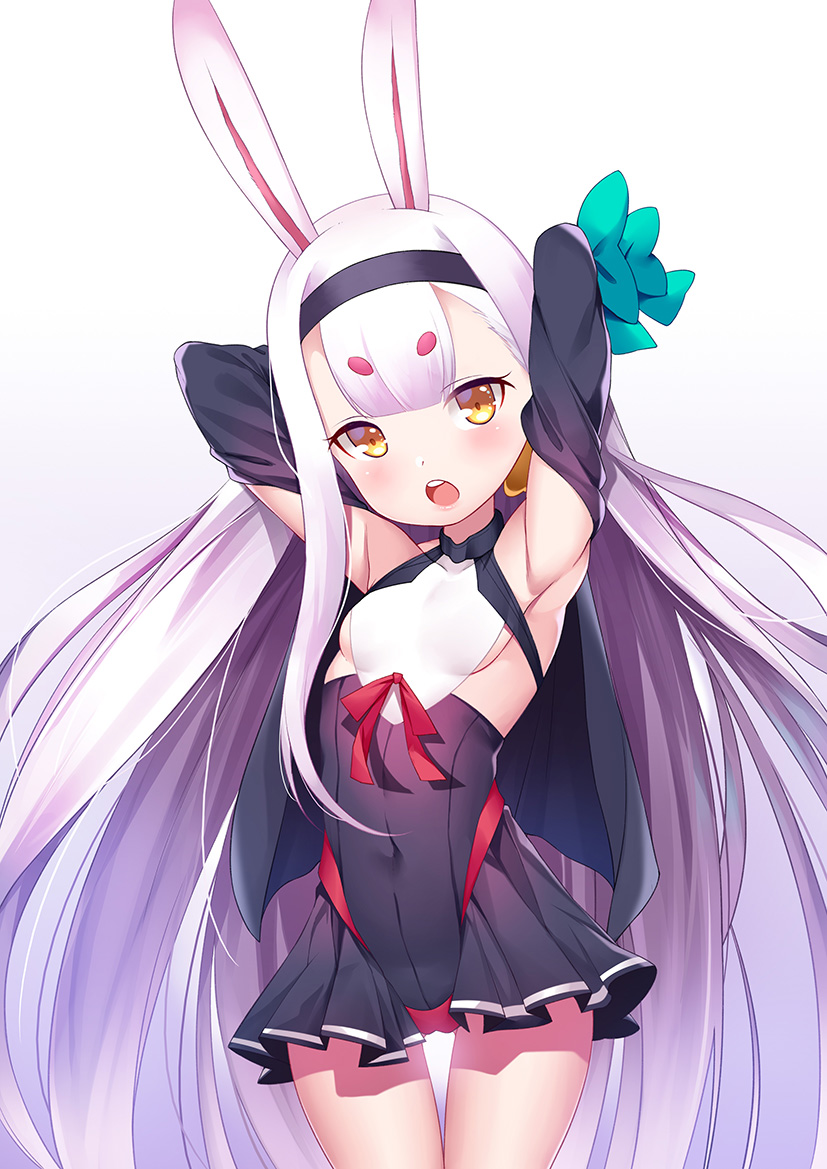 1girl animal_ears armpits arms_up azur_lane bangs bare_shoulders black_hairband black_skirt black_sleeves blush breasts covered_navel detached_sleeves eyebrows_visible_through_hair gluteal_fold hairband long_hair long_sleeves looking_at_viewer nekosama_shugyouchuu open_mouth orange_eyes rabbit_ears shimakaze_(azur_lane) short_eyebrows sideboob simple_background skirt small_breasts solo standing thick_eyebrows upper_teeth very_long_hair white_background white_hair