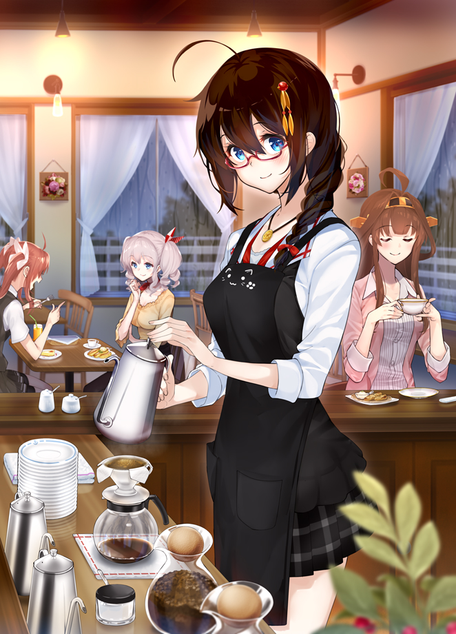 4girls ahoge amami_amayu apron bangs bespectacled black_apron black_skirt blue_eyes blunt_bangs blush bow braid breasts brown_hair cafe casual ceiling_light chair cleavage closed_eyes closed_mouth coffee coffee_cup coffee_maker_(object) coffee_pot cup curtains disposable_cup drill_hair drink drinking_glass fork glasses hair_between_eyes hair_bow hair_ornament hair_ribbon headgear holding holding_fork indoors jacket jewelry kagerou_(kantai_collection) kantai_collection kashima_(kantai_collection) kongou_(kantai_collection) large_breasts miniskirt multiple_girls necklace on_chair open_clothes open_jacket pendant pink_jacket plaid plaid_skirt plant plate pleated_skirt rain red-framed_eyewear red_neckwear red_ribbon redhead remodel_(kantai_collection) ribbon saucer semi-rimless_eyewear shigure_(kantai_collection) shirt short_sleeves sidelocks silver_hair single_braid sitting skirt smile striped striped_shirt sugar_cube table twintails two-handed under-rim_eyewear vertical-striped_shirt vertical_stripes white_bow white_shirt window yellow_shirt