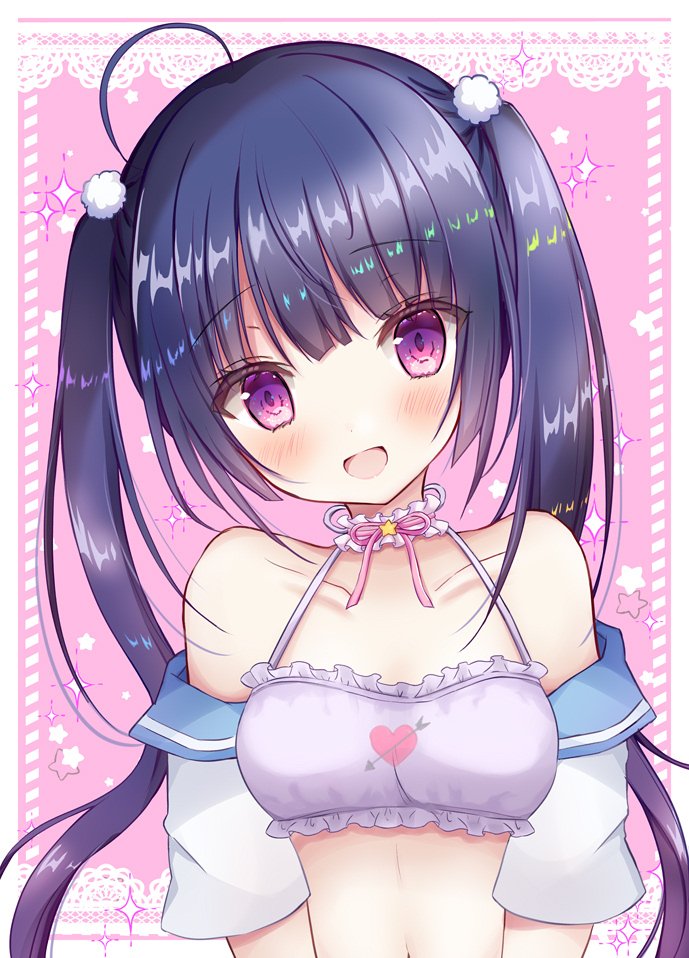 1girl :d ahoge bare_shoulders blue_hair blush bra choker collarbone commentary_request frilled_bra frilled_choker frills halterneck head_tilt heart heart_print kiyui_(honey_citron) long_hair looking_at_viewer navel off_shoulder open_clothes open_mouth open_shirt original purple_bra shirt short_sleeves smile solo sparkle stomach twintails underwear upper_body violet_eyes white_shirt