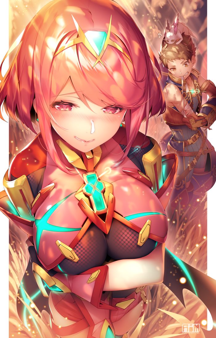 1boy 1girl bandage bandaged_arm bandages bangs blush bodysuit breasts brown_eyes brown_hair commentary_request earrings eyebrows_visible_through_hair gem grin headpiece pyra_(xenoblade) jewelry large_breasts looking_at_viewer mouth_hold nintendo red_eyes red_shorts redhead rex_(xenoblade_2) ryuji_(ikeriu) short_hair shorts shoulder_armor smile standing swept_bangs teeth tiara xenoblade_(series) xenoblade_2