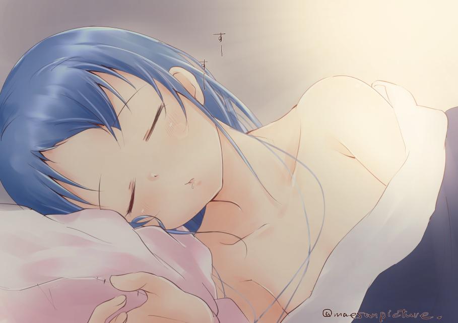 1girl artist_name bangs bare_shoulders blanket blue_hair closed_eyes collarbone eyebrows_visible_through_hair kantai_collection looking_at_viewer mae_(maesanpicture) pillow pink_pillow saliva samidare_(kantai_collection) sleeping solo swept_bangs