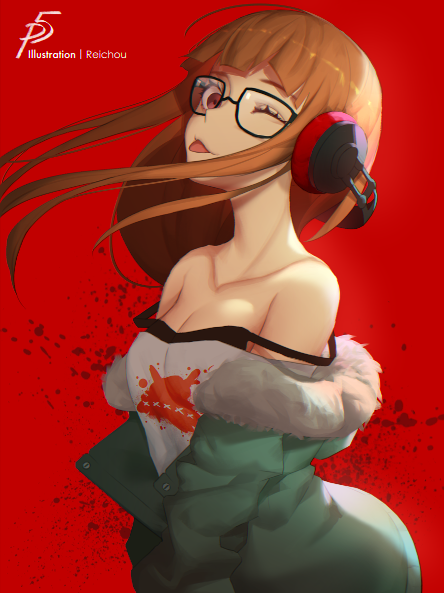 1girl ;p animal_ears artist_name bangs bare_shoulders behind-the-head_headphones black-framed_eyewear blunt_bangs breasts closed_eyes coat collarbone copyright_name from_side fur-trimmed_coat fur_trim glasses green_coat headphones highres long_hair long_sleeves looking_at_viewer looking_to_the_side off_shoulder one_eye_closed open_clothes open_coat orange_hair persona persona_5 red_background red_eyes reichiou sakura_futaba small_breasts smile solo strap_slip tongue tongue_out upper_body upper_teeth