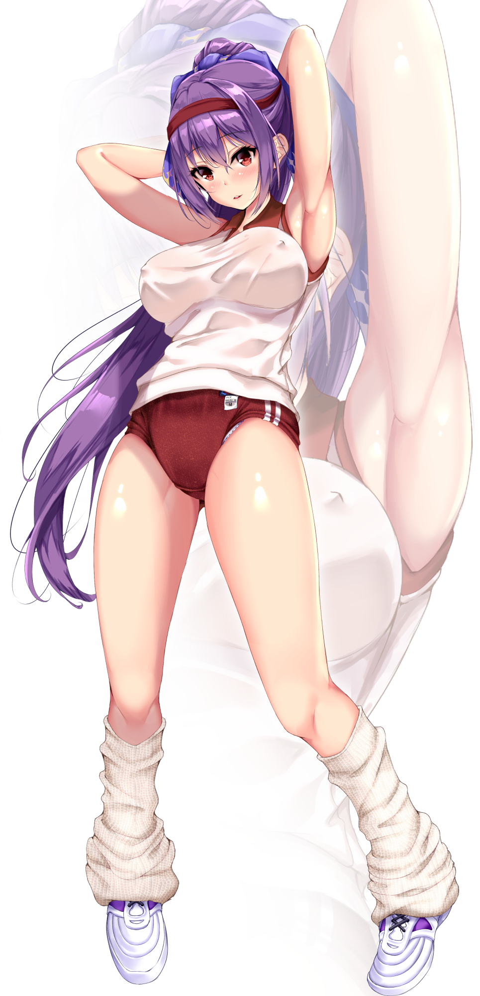 1girl armpits arms_behind_head arms_up blue_bow blush bow breasts buruma commentary_request erect_nipples eyebrows_visible_through_hair fate/grand_order fate_(series) fukuda_shuushi full_body gym_uniform hair_bow highres large_breasts long_hair open_mouth purple_hair red_buruma red_eyes scathach_(fate)_(all) shiny shiny_hair shiny_skin shoes sleeveless sneakers socks solo white_background white_legwear zoom_layer