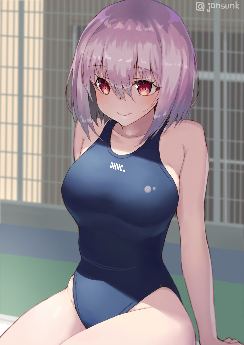 1girl arm_support bangs bare_arms bare_shoulders blue_swimsuit blurry blurry_background blush breasts closed_mouth collarbone commentary_request depth_of_field eyebrows_visible_through_hair fang fang_out groin hair_between_eyes highres jonsun large_breasts looking_away one-piece_swimsuit pink_hair red_eyes shinjou_akane sitting smile solo ssss.gridman swimsuit twitter_username