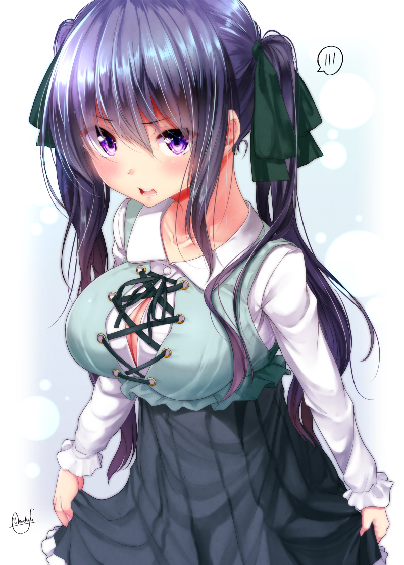 1girl bangs black_skirt bow breasts collarbone collared_shirt cross-laced_clothes dress_shirt eyebrows_visible_through_hair frilled_skirt frills green_bow hair_between_eyes hair_bow high-waist_skirt large_breasts long_hair long_sleeves looking_at_viewer mokufuu open_mouth original pleated_skirt purple_hair round_teeth shirt sidelocks signature skirt solo spoken_blush teeth twintails upper_teeth very_long_hair violet_eyes white_shirt