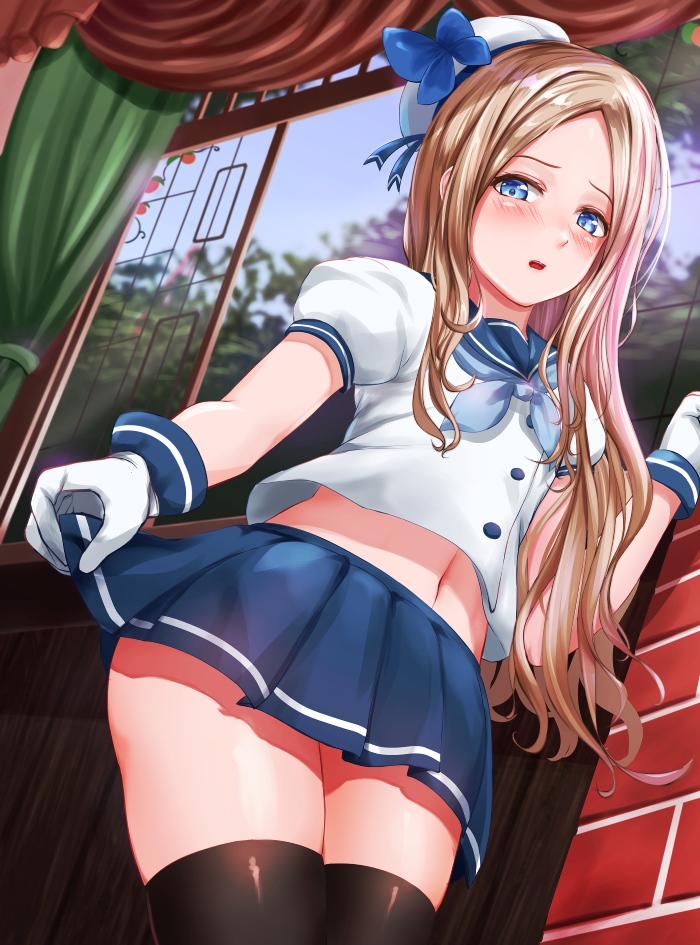 1girl alternate_costume asakaze_(kantai_collection) bangs black_legwear blue_eyes blue_neckwear blue_sailor_collar blue_skirt cosplay forehead kantai_collection light_brown_hair long_hair midriff_peek neckerchief parted_bangs pleated_skirt puffy_short_sleeves puffy_sleeves sabakuomoto sailor_collar school_uniform serafuku short_sleeves skirt solo thigh-highs tsushima_(kantai_collection) tsushima_(kantai_collection)_(cosplay) wavy_hair white_headwear