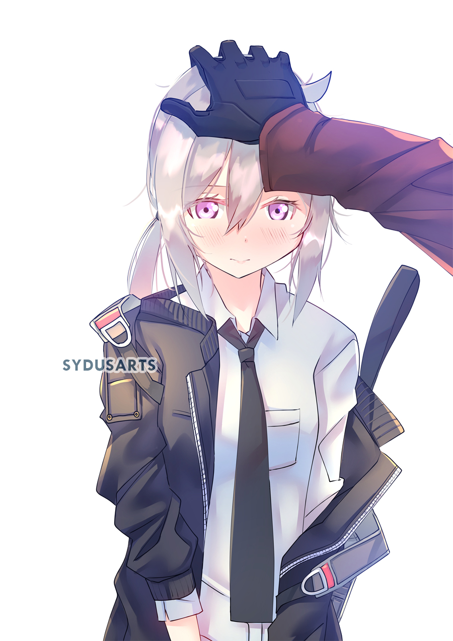 1boy 1girl artist_name blush breast_pocket commander_(girls_frontline) commentary english_commentary eyebrows_visible_through_hair girls_frontline gloves highres jacket jacket_removed m200_(girls_frontline) necktie out_of_frame petting pocket shirt silver_hair sydus violet_eyes white_background white_shirt