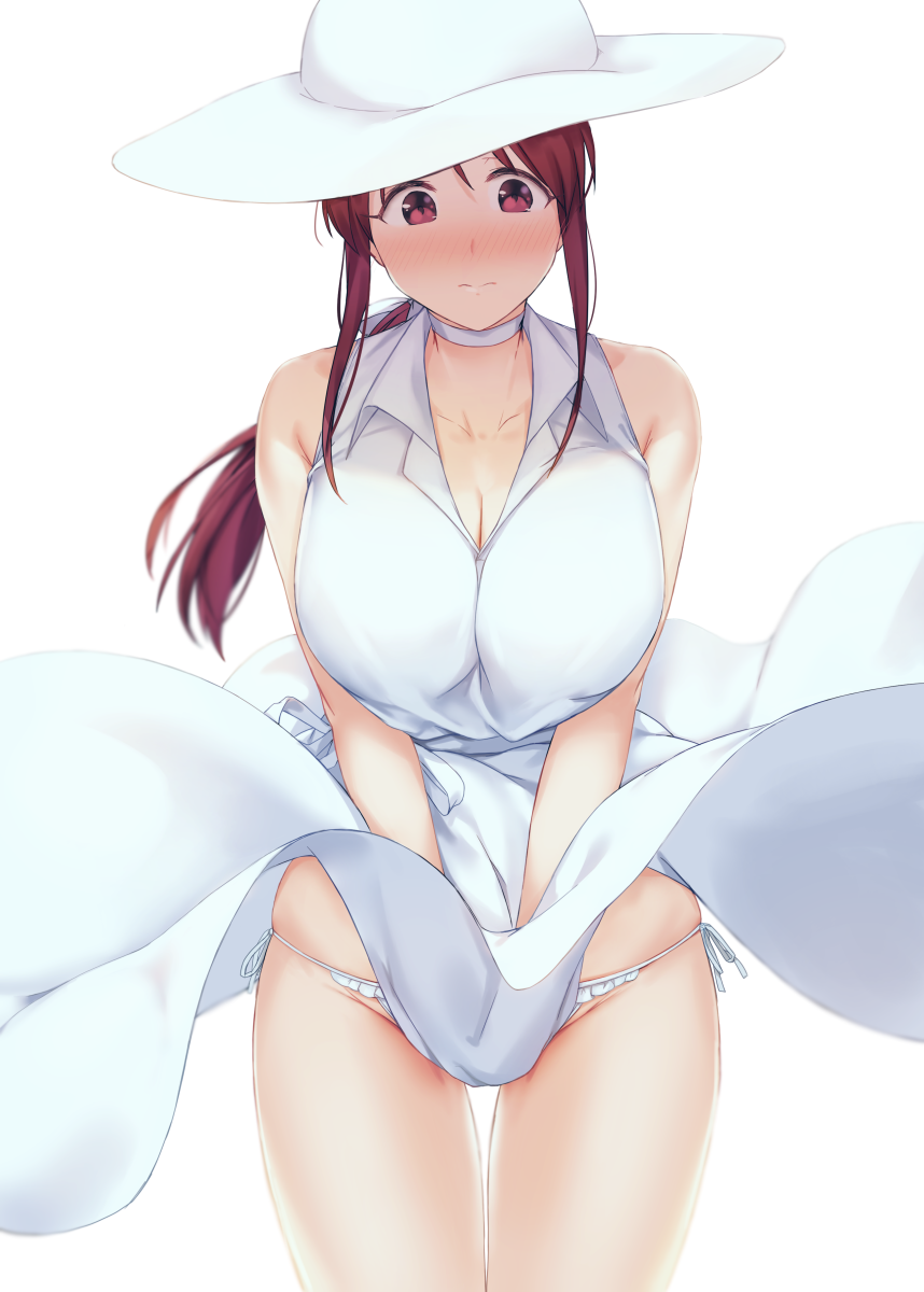 1girl bangs blush breasts brown_eyes brown_hair choker cleavage closed_mouth deneb_(noble324) dress hat highres idolmaster idolmaster_cinderella_girls large_breasts long_hair looking_at_viewer mifune_miyu panties ponytail solo sun_hat thighs underwear white_dress