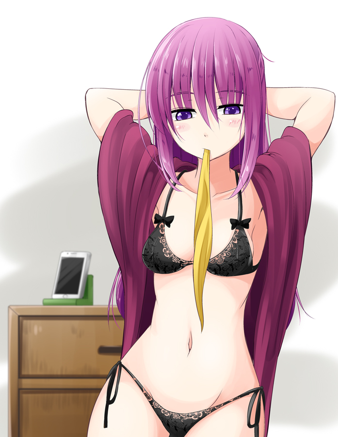 1girl black_bra black_panties blurry bra cellphone cellphone_stand collarbone commentary_request cowboy_shot depth_of_field drawer hair_down hair_tie ichimi kamikaze_(kantai_collection) kantai_collection long_hair mouth_hold navel open_clothes open_robe panties phone purple_hair purple_robe robe side-tie_panties solo underwear violet_eyes