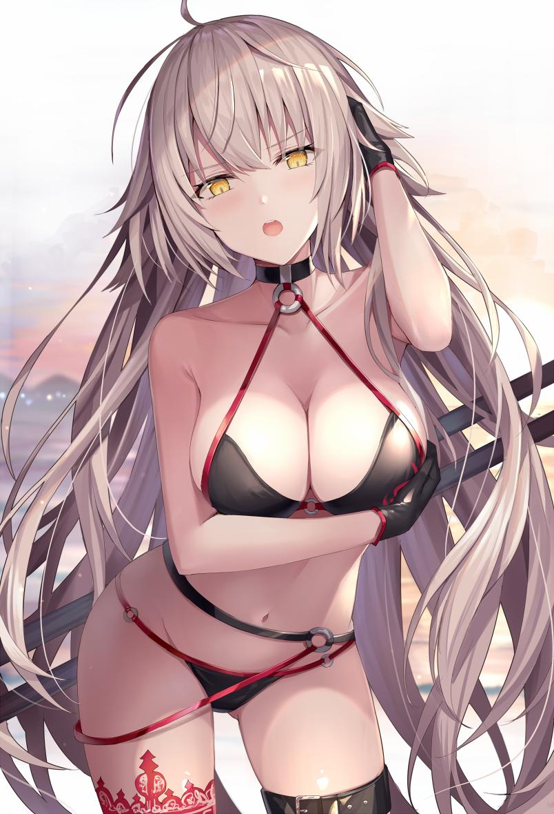 1girl ahoge arm_under_breasts bangs beach bikini black_bikini black_gloves blurry blurry_background blush breasts check_commentary choker cleavage collarbone commentary commentary_request eyebrows_visible_through_hair fate/grand_order fate_(series) gloves groin hair_between_eyes hand_on_own_head jeanne_d'arc_(alter_swimsuit_berserker) jeanne_d'arc_(fate)_(all) large_breasts long_hair looking_at_viewer messy_hair multiple_swords navel o-ring o-ring_bikini open_mouth outdoors red_legwear rin_yuu sheath sheathed sidelocks silver_hair simple_background single_thighhigh smile solo stomach sunset swimsuit thigh-highs thigh_strap tsurime very_long_hair white_background yellow_eyes