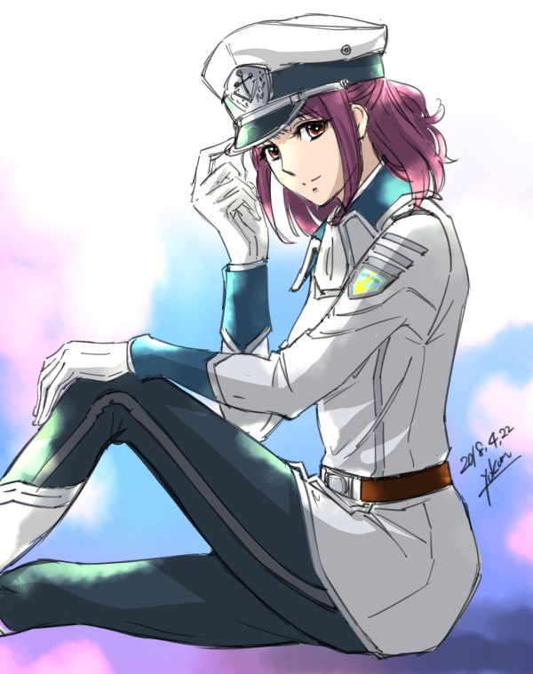 1girl 2018 black_pants boots character_request dated eyebrows_visible_through_hair from_side gloves hand_on_own_knee hat jacket long_hair looking_at_viewer military military_hat military_jacket military_uniform pants peaked_cap purple_hair red_eyes signature sitting sketch smile solo uniform white_footwear white_gloves white_headwear white_jacket yokon2199