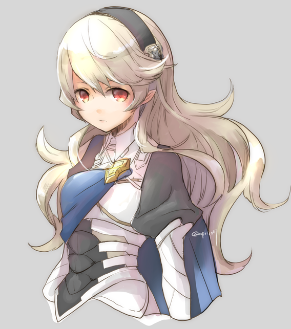 1girl armor black_hairband blue_cape cape closed_mouth female_my_unit_(fire_emblem_if) fire_emblem fire_emblem_if grey_background hairband long_hair my_unit_(fire_emblem_if) nintendo pointy_ears red_eyes robaco simple_background solo twitter_username upper_body white_hair