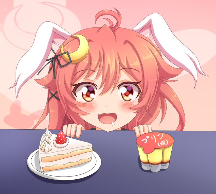 1girl ahoge animal_ears bangs black_ribbon blush cake commentary_request crescent crescent_hair_ornament drooling eyebrows_visible_through_hair fang food fruit hair_between_eyes hair_ornament hair_ribbon kantai_collection long_hair open_mouth plate pudding rabbit_ears red_eyes redhead ribbon shiruzu_(sk10102194) slice_of_cake solo strawberry table uzuki_(kantai_collection)