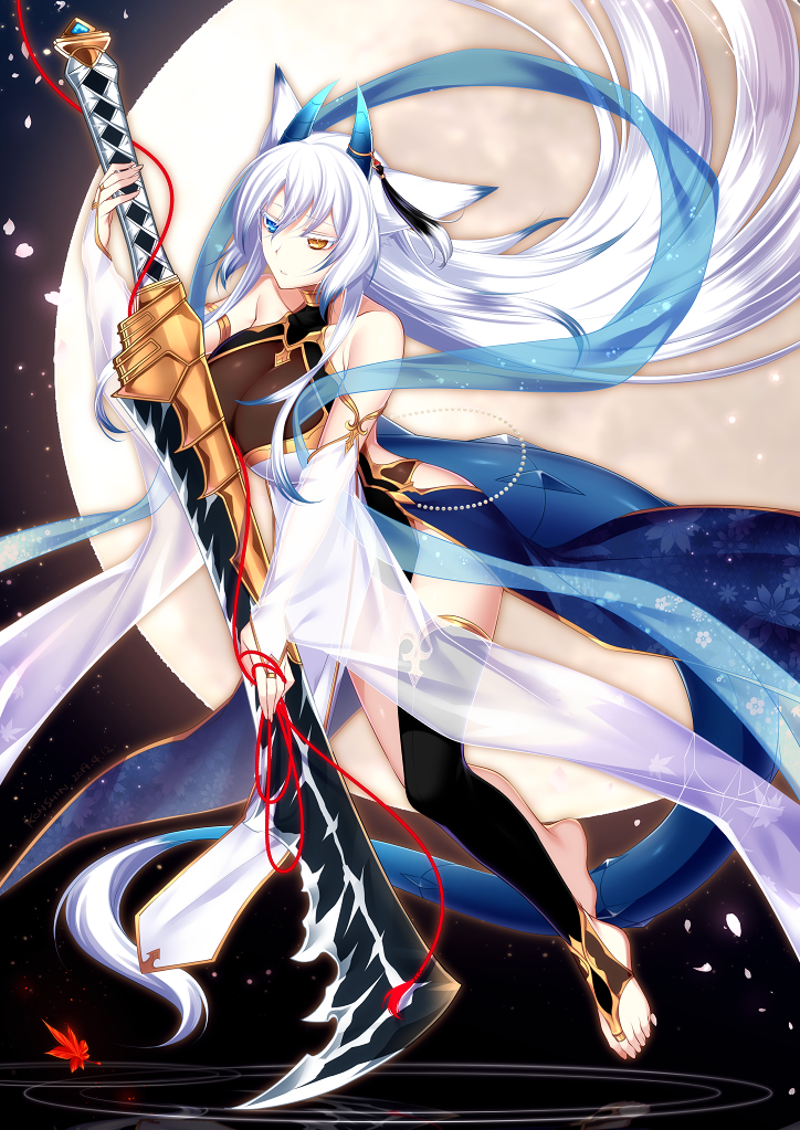 1girl animal_ears bare_shoulders barefoot black_legwear breasts bridal_gauntlets cleavage detached_sleeves facing_viewer fox_ears full_body full_moon halterneck hatchet heterochromia horns konshin large_breasts long_hair moon night nose_hatchet orie_hakua pixiv_fantasia pixiv_fantasia_last_saga ripples see-through single_thighhigh solo standing tail thigh-highs white_hair