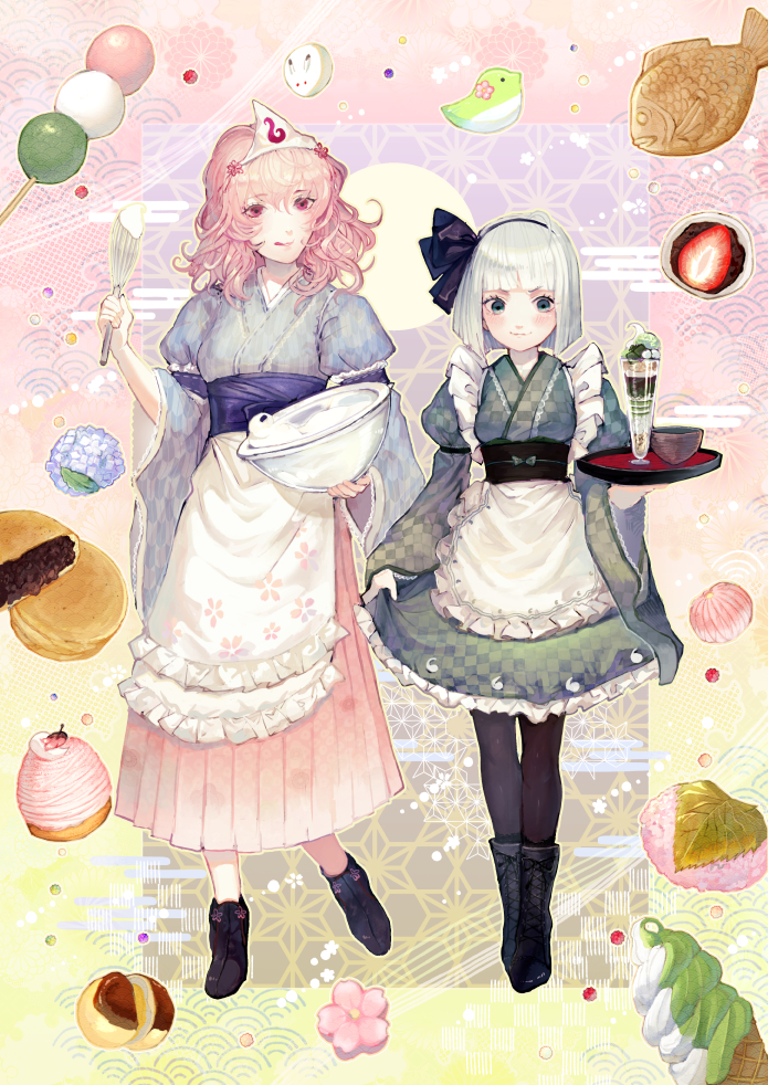 2girls :q alternate_costume apron arm_garter bangs black_footwear black_hairband black_legwear black_ribbon black_sash blue_kimono blue_sash blunt_bangs boots bowl breasts checkered checkered_kimono commentary_request dango enmaided eyebrows_visible_through_hair flower food food_request fruit full_body gradient gradient_background green_eyes green_kimono hair_between_eyes hair_ribbon hairband hakama_skirt hand_up holding holding_bowl holding_tray ice_cream japanese_clothes juliet_sleeves kimono konpaku_youmu long_sleeves looking_at_another maid maid_apron medium_breasts mixing_bowl mochacot multiple_girls no_hat no_headwear obi pantyhose petticoat pink_background pink_flower pink_hair pink_skirt puffy_sleeves red_eyes ribbon saigyouji_yuyuko sanshoku_dango sash shoes short_hair silver_hair skirt skirt_hold smile strawberry taiyaki tongue tongue_out touhou tray triangular_headpiece wa_maid wagashi waist_apron whisk white_apron wide_sleeves yellow_background