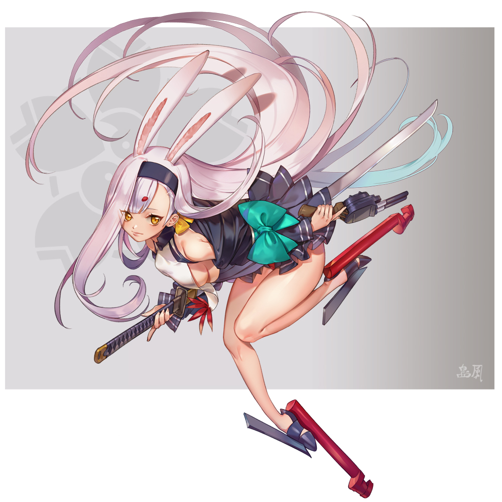 1girl animal_ears azur_lane black_dress black_footwear black_jacket breasts brown_eyes double_barrels dress full_body gun hairband handgun jacket knees_together_feet_apart leaning_forward leg_up legs long_hair off_shoulder ogyue rabbit_ears shimakaze_(azur_lane) shoes short_dress sideboob silver_hair small_breasts solo stilts sword thighs very_long_hair weapon yellow_eyes