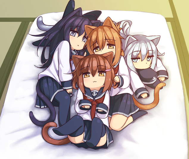 4girls :3 akatsuki_(kantai_collection) anchor_symbol animal_ears black_legwear brown_hair cat_ears cat_tail commentary eyebrows_visible_through_hair flat_cap futon hat hibiki_(kantai_collection) ikazuchi_(kantai_collection) inazuma_(kantai_collection) kantai_collection kemonomimi_mode long_hair long_sleeves looking_at_viewer magune_toron multiple_girls neckerchief pantyhose paw_pose pleated_skirt purple_hair red_neckwear school_uniform serafuku short_hair silver_hair skirt sleeping sleeves_past_wrists tail tatami thigh-highs