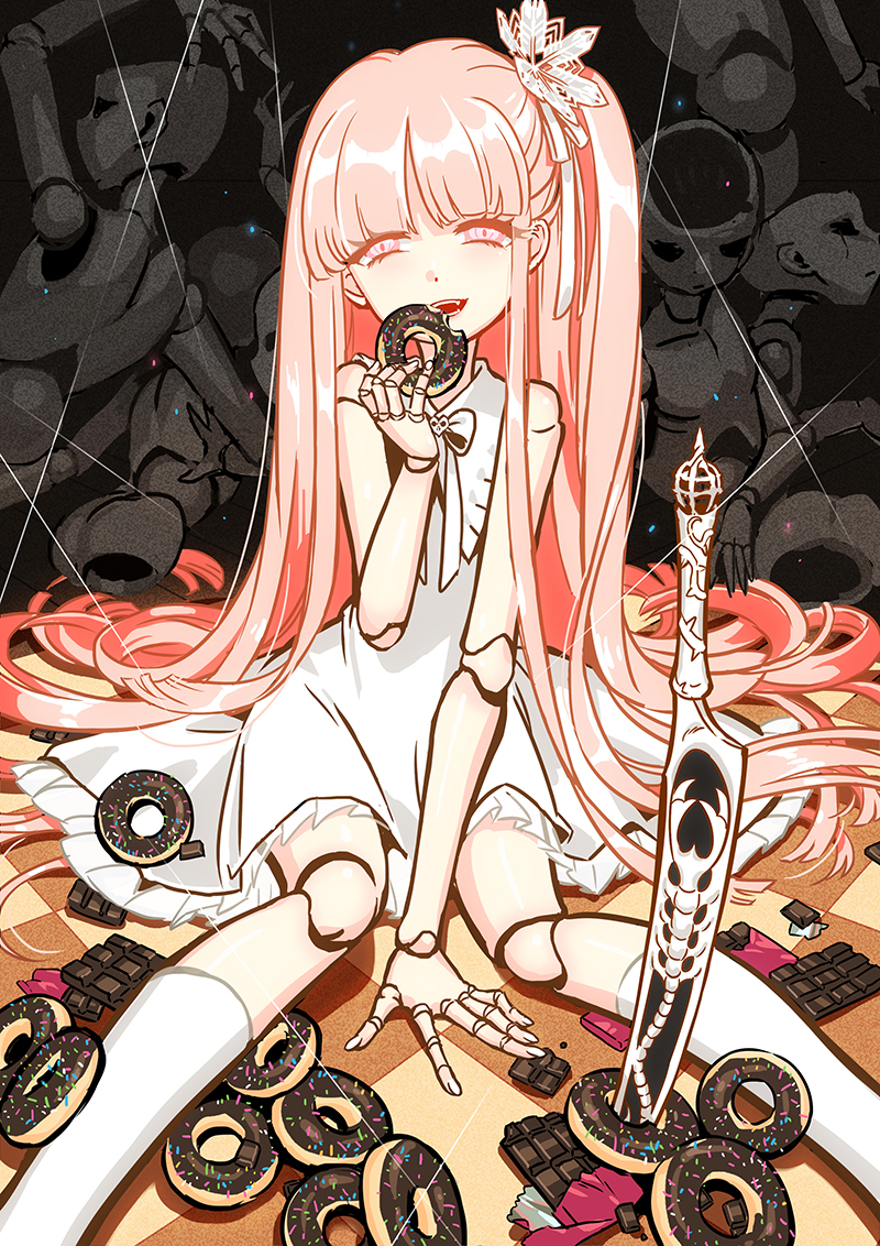 1girl bangs chocolate doll_joints doughnut dress food hair_ornament halloween knife long_hair noah_fantasy open_mouth pink_eyes pink_hair puppet seeker sitting string very_long_hair white_dress white_legwear yandere