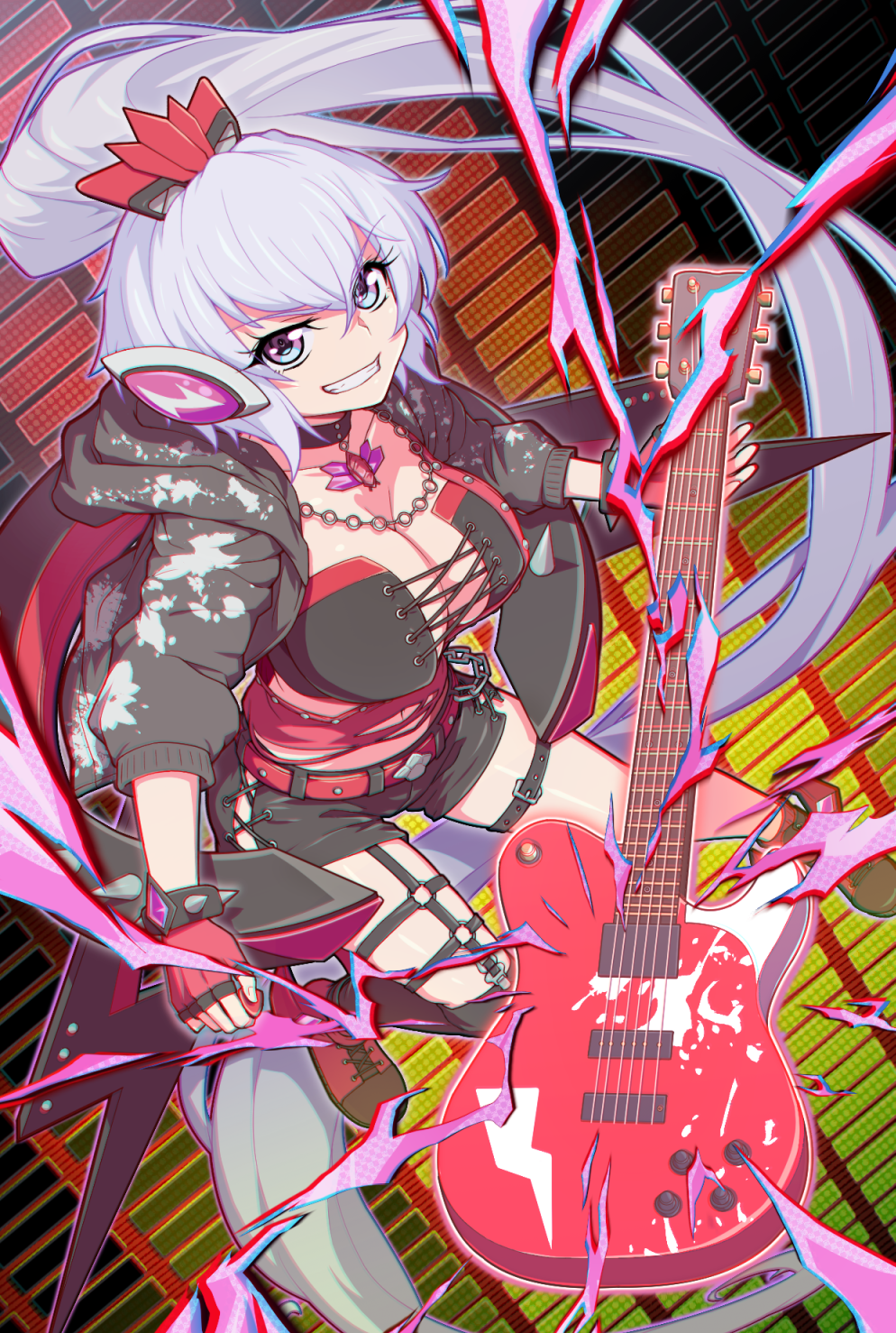 1girl bang_dream! black_choker black_jacket bracelet breasts choker fingerless_gloves gloves grin guitar hair_between_eyes high_ponytail highres hood hooded_jacket instrument jacket jewelry large_breasts long_hair looking_at_viewer midriff navel open_clothes open_jacket passionato_afterglow plectrum purple_hair red_gloves senki_zesshou_symphogear senki_zesshou_symphogear_xd_unlimited smile solo spiked_bracelet spikes uganda very_long_hair violet_eyes yukine_chris