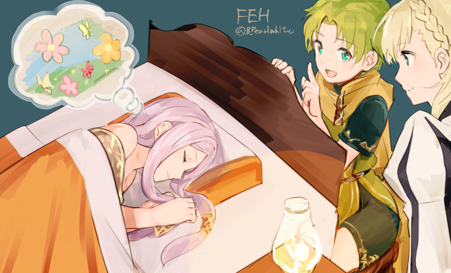 1boy 2girls bed blanket blonde_hair braid closed_eyes closed_mouth crown_braid dreaming fire_emblem fire_emblem:_fuuin_no_tsurugi fire_emblem_heroes green_eyes green_hair idoun long_hair lugh_(fire_emblem) lying mamkute multiple_girls nintendo on_side open_mouth pillow purple_hair sharena shoochiku_bai short_hair short_sleeves sleeping twitter_username