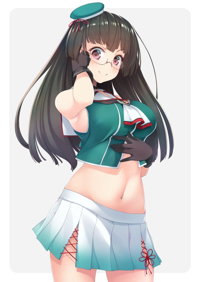 1girl beret black_gloves black_hair border choukai_(kantai_collection) commentary_request glasses gloves green_headwear grey_background hair_ornament hand_on_own_chest hat highres kantai_collection long_hair midriff mini_hat mofu_namako navel pleated_skirt red_eyes remodel_(kantai_collection) rimless_eyewear skirt solo standing two-tone_background white_border white_skirt wide_hips