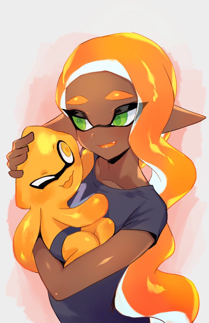 2girls ;d black_shirt carrying child collarbone commission dark_skin domino_mask eyes_visible_through_hair fang green_eyes highres inkling jtveemo long_hair looking_at_another mask multiple_girls one_eye_closed open_mouth orange_hair orange_tongue pointy_ears shirt short_sleeves smile splatoon splatoon_(series) splatoon_2 t-shirt tentacle_hair wavy_mouth