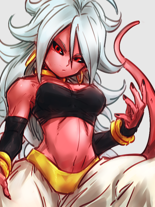 1girl android_21 bandeau bare_shoulders black_nails black_sclera bracelet breasts cleavage closed_mouth commentary_request curly_hair detached_sleeves dragon_ball dragon_ball_fighterz drawn earrings grey_background hand_up harem_pants hoop_earrings jewelry long_hair looking_at_viewer majin_android_21 medium_breasts monster_girl nail_polish navel neck_ring pants pink_skin red_eyes ring smile solo st62svnexilf2p9 tail very_long_hair white_hair white_pants