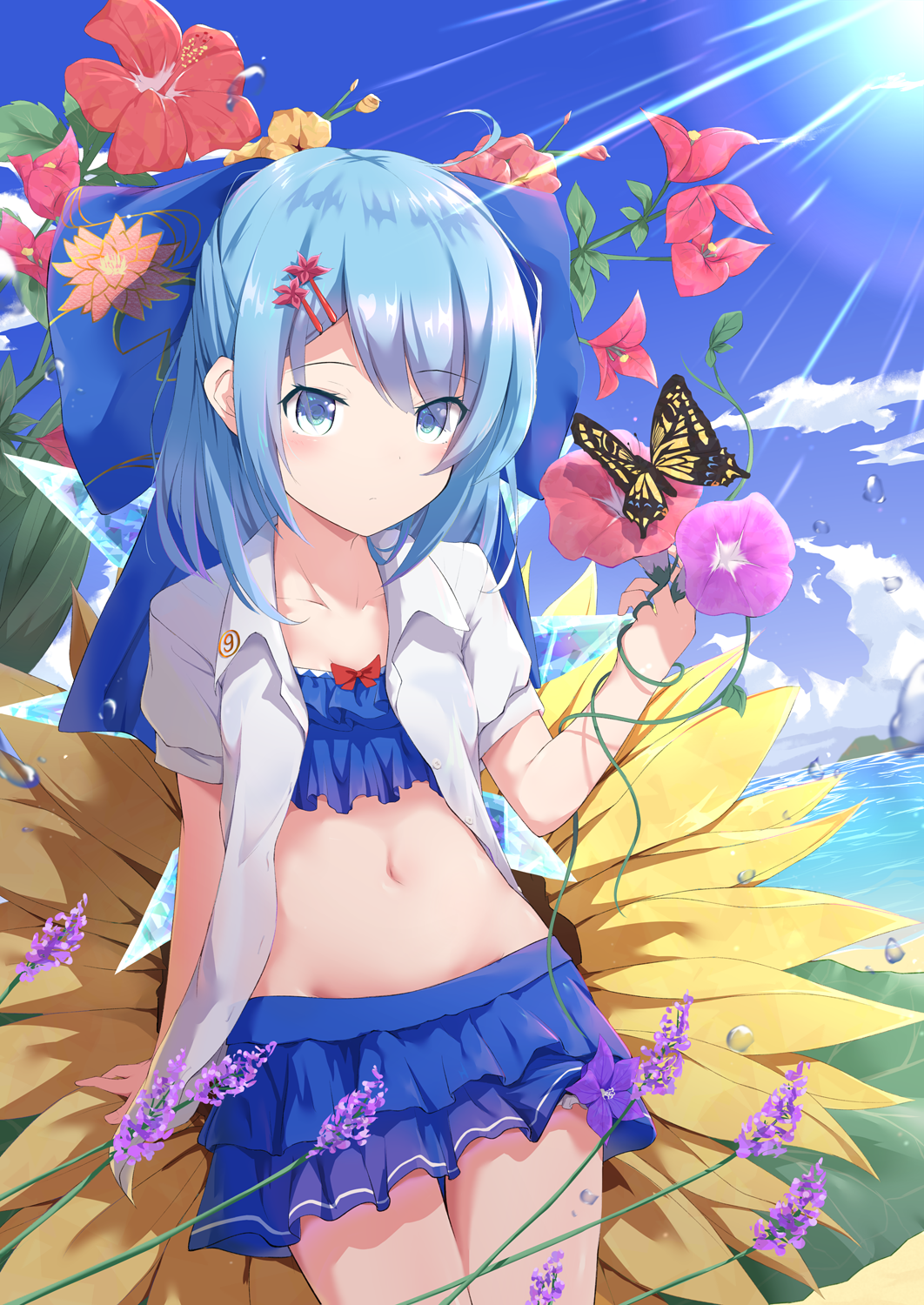 (9) 1girl alternate_costume blue_bow blue_eyes blue_hair blue_skirt blue_sky blush bow bug butterfly cirno closed_mouth clouds collarbone commentary_request day expressionless eyebrows_visible_through_hair flower frilled_skirt frills hair_bow hair_ornament hairclip highres ice ice_wings imoutochiru insect light_rays looking_at_viewer midriff navel ocean open_clothes open_shirt outdoors red_bow shirt short_hair skirt sky solo sunbeam sunflower sunlight touhou white_shirt wings