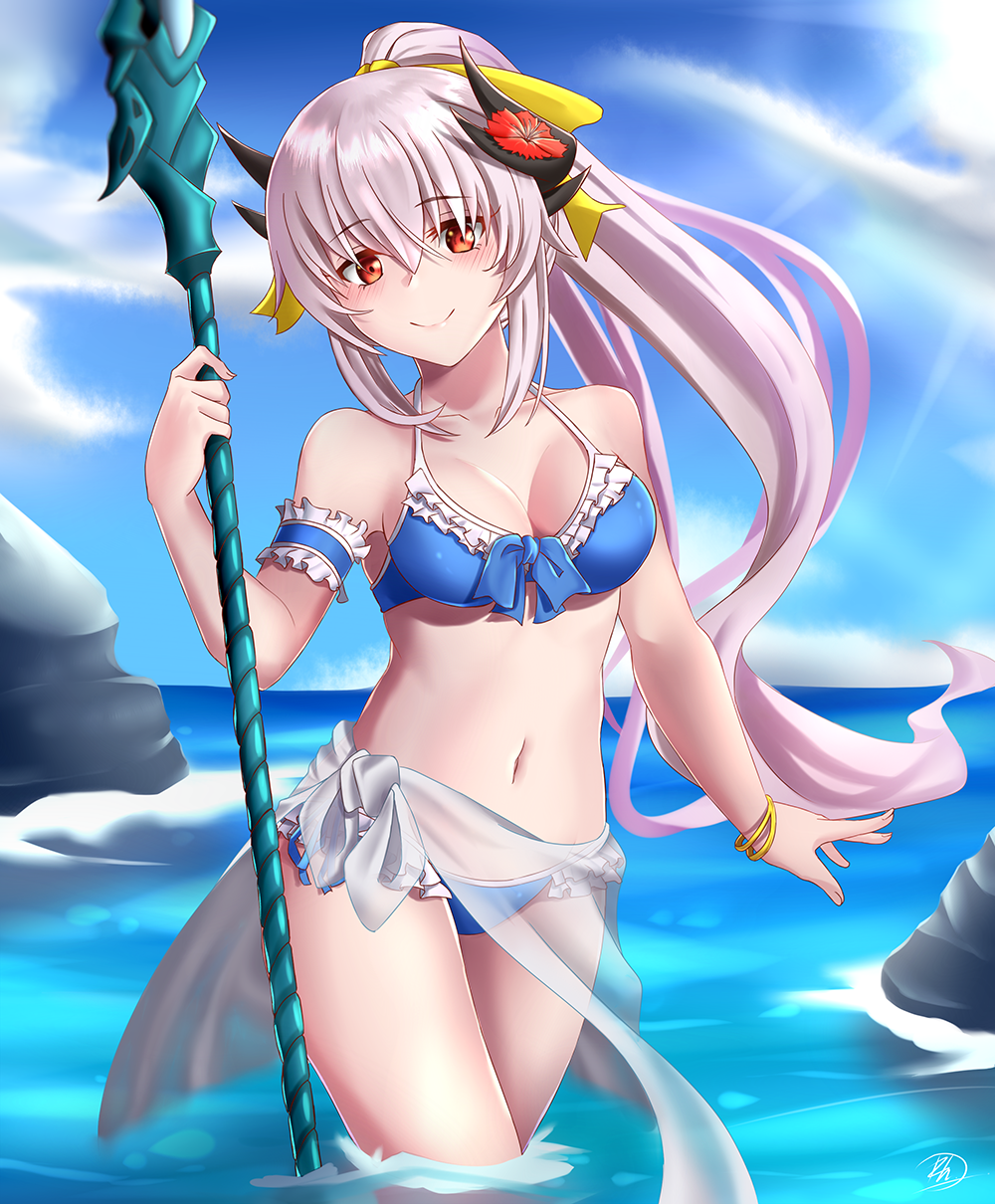 1girl armband bangle bikini blue_bikini blue_sky blush bracelet breasts day fate/grand_order fate_(series) highres holding holding_staff horns jewelry kiyohime_(fate/grand_order) long_hair looking_at_viewer navel outdoors ponytail sidelocks silver_hair sky smile solo staff standing sunlight swimsuit vdrn1dd2gxldt3g water