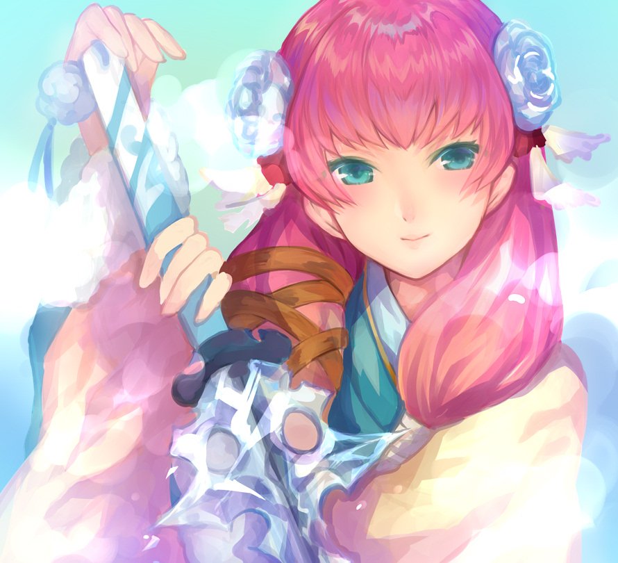 1girl blue_eyes closed_mouth fire_emblem fire_emblem_heroes flower gunnthra_(fire_emblem) hair_flower hair_ornament holding holding_sword holding_weapon ice japanese_clothes jurge katana long_hair nintendo pink_hair simple_background smile solo sword upper_body weapon