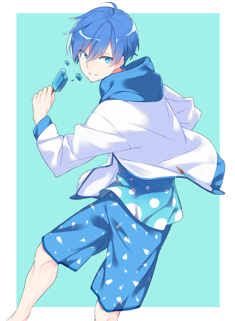 1boy blue_background blue_blood blue_eyes blue_hair blue_shirt food hood hood_down jacket kaito looking_at_viewer male_focus popsicle sama shirt simple_background standing vocaloid white_jacket