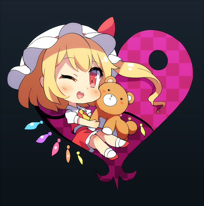 1girl 60mai ascot bangs black_background blonde_hair blush checkered chibi commentary crystal eyebrows_visible_through_hair flandre_scarlet full_body hat hat_ribbon heart holding holding_stuffed_animal long_hair looking_at_viewer mob_cap one_eye_closed one_side_up open_mouth petticoat puffy_short_sleeves puffy_sleeves red_eyes red_footwear red_ribbon red_skirt red_vest ribbon shirt shoes short_sleeves sidelocks simple_background skirt skirt_set smile socks solo stuffed_animal stuffed_toy symbol_commentary teddy_bear touhou vest white_headwear white_legwear white_shirt wings yellow_neckwear