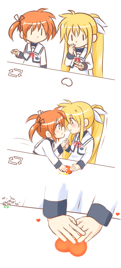 2girls 3koma blonde_hair blush cat comic couple eye_contact fate_testarossa hand_holding heart kerorokjy kiss long_hair looking_at_another lyrical_nanoha mahou_shoujo_lyrical_nanoha multiple_girls orange_hair red_eyes replay school_uniform short_hair short_twintails takamachi_nanoha twintails uniform violet_eyes yuri