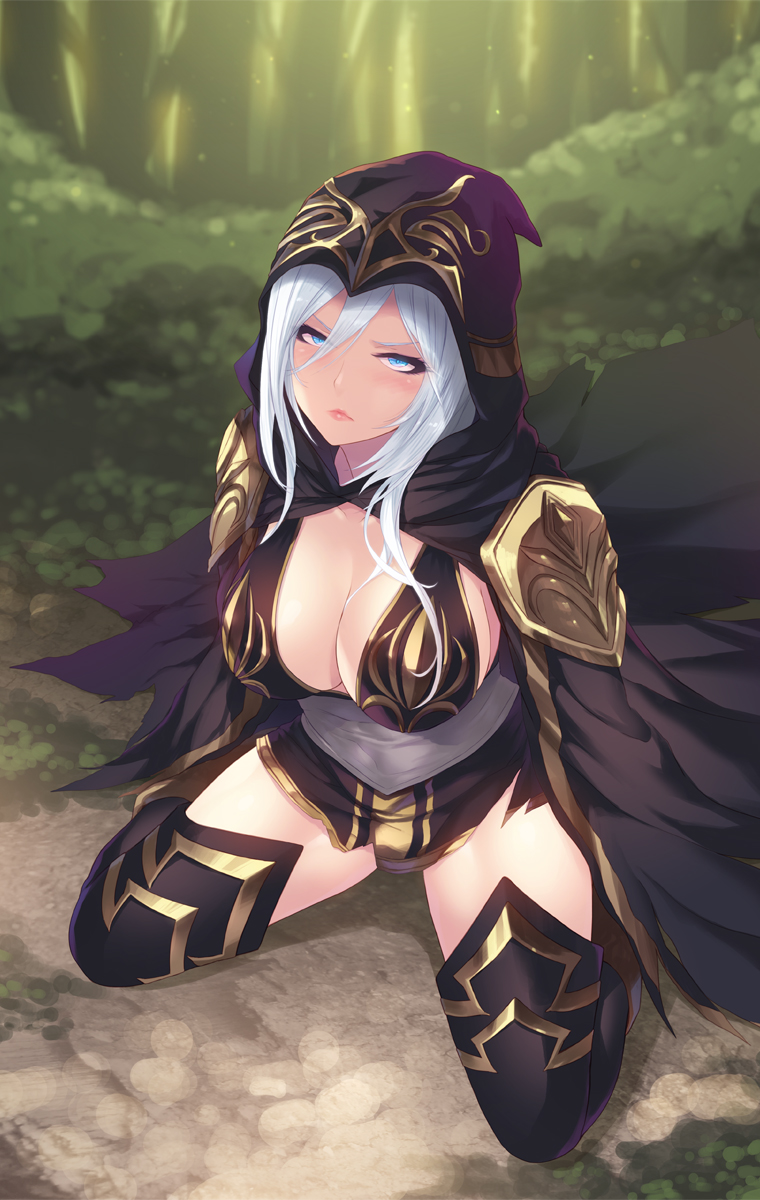 1girl ashe_(league_of_legends) bangs black_legwear blue_eyes blush breasts cait cape cleavage closed_mouth commentary english_commentary forest from_above full_body hair_between_eyes highres hood kneeling large_breasts league_of_legends long_hair nature outdoors shoulder_armor sidelocks silver_hair solo spaulders thigh-highs