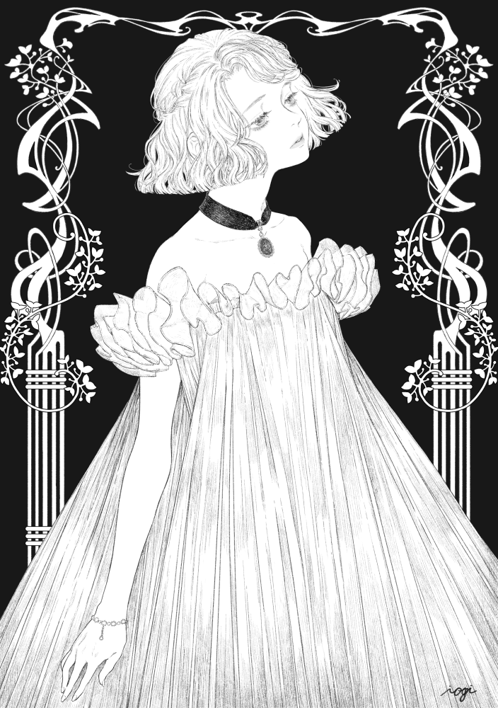 1girl arm_at_side artist_name bare_shoulders black_background bracelet braid choker cowboy_shot dress greyscale iogi_(edrin_alfari) jewelry lips looking_away monochrome off-shoulder_dress off_shoulder original parted_lips short_hair solo