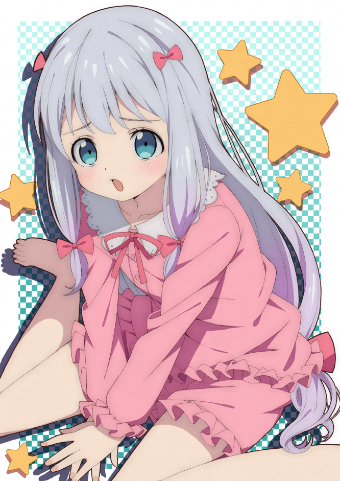 1girl barefoot between_legs blue_eyes blush bow checkered checkered_background drop_shadow eromanga_sensei fingernails frilled_sleeves frills gradient gradient_background hair_bow hand_between_legs izumi_sagiri long_hair long_sleeves looking_at_viewer low-tied_long_hair mon0351 open_mouth outside_border pajamas pink_bow pink_shirt pink_shorts shirt shorts sidelocks silver_hair sitting solo star starry_background v_arms very_long_hair wariza