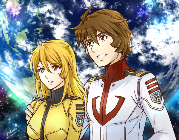 1boy 1girl blonde_hair bodysuit breasts breasts_apart brown_eyes brown_hair couple earth hair_between_eyes hand_on_another's_shoulder jacket kodai_susumu long_hair medium_breasts military_jacket mori_yuki parted_lips uchuu_senkan_yamato upper_body white_jacket yellow_bodysuit yokon2199