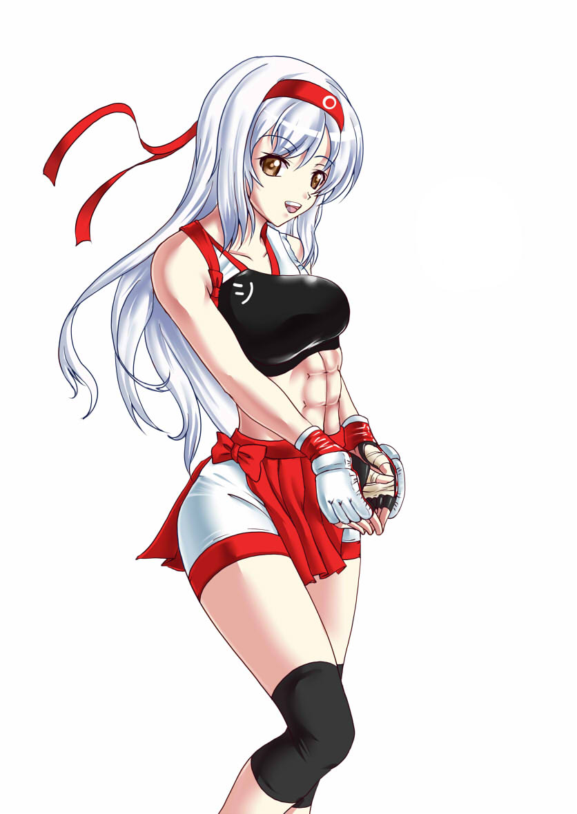 1girl abs bike_shorts eyebrows_visible_through_hair fingerless_gloves gloves hairband headband kantai_collection knee_brace long_hair looking_at_viewer midriff muneate muscle muscular_female navel rigid rigidsteed shorts shoukaku_(kantai_collection) simple_background sports_bra white_hair