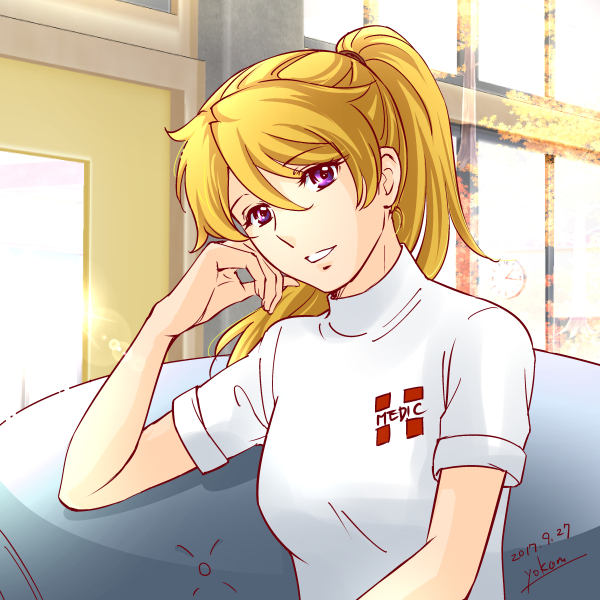 1girl 2017 alternate_hairstyle blonde_hair dated eyebrows_visible_through_hair hair_between_eyes head_tilt high_ponytail indoors long_hair looking_at_viewer mori_yuki parted_lips shirt short_sleeves signature sitting solo uchuu_senkan_yamato uchuu_senkan_yamato_2199 upper_body violet_eyes white_shirt yokon2199