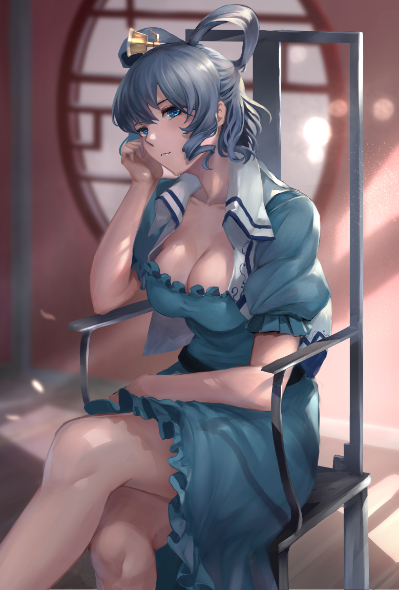 1girl amano_hagoromo bangs belt black_belt blue_dress blue_eyes blue_hair breasts chair cleavage collarbone commentary_request dress drill_hair drill_locks feet_out_of_frame hair_ornament hair_rings hair_stick hand_up head_tilt indoors kaku_seiga legs_crossed lens_flare looking_at_viewer medium_breasts puffy_short_sleeves puffy_sleeves short_hair short_sleeves sidelocks sitting solo touhou vest white_vest window wing_collar wooden_floor