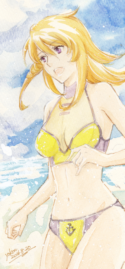 1girl 2016 :d anchor_print bikini blonde_hair breasts cleavage cowboy_shot dated floating_hair hair_between_eyes long_hair medium_breasts mori_yuki navel open_mouth print_bikini shiny shiny_hair signature sketch smile solo swimsuit traditional_media uchuu_senkan_yamato uchuu_senkan_yamato_2199 violet_eyes watercolor_(medium) yellow_bikini yokon2199