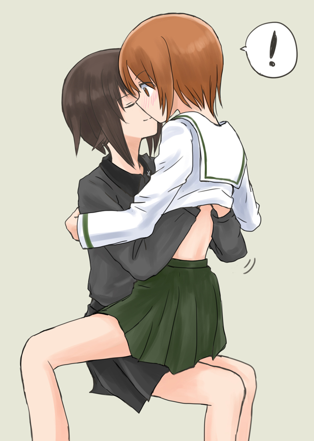 ! 2girls bangs black_skirt blush brown_eyes brown_hair closed_eyes closed_mouth comic commentary cowboy_shot dress_shirt eyebrows_visible_through_hair girls_und_panzer grey_background grey_shirt hands_on_another's_back hug imminent_kiss incest insignia invisible_chair kuromorimine_school_uniform long_sleeves looking_at_another miniskirt motion_lines multiple_girls mutsu_(layergreen) nishizumi_maho nishizumi_miho on_lap pleated_skirt school_uniform shirt short_hair siblings silent_comic simple_background sisters sitting skirt smile spoken_exclamation_mark straddling yuri