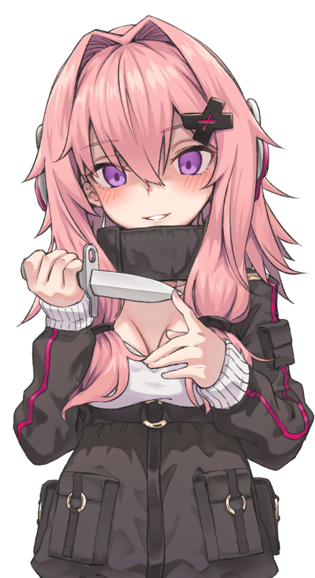 1girl eyebrows_visible_through_hair girls_frontline hair_between_eyes hair_intakes hair_ornament hairclip headphones highres holding holding_knife ivan_wang k31_(girls_frontline) knife long_sleeves looking_at_viewer parted_lips pink_hair sidelocks simple_background solo tactical_clothes teeth upper_body violet_eyes white_background