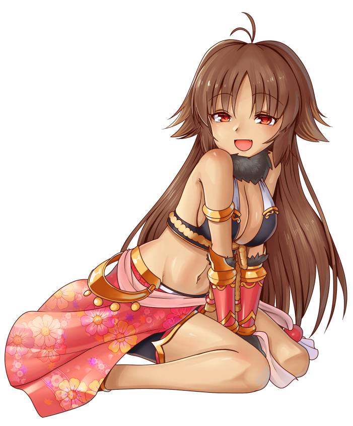 1girl :d ahoge ajidot armlet bangs between_legs breasts brown_hair cleavage commentary_request eyebrows_visible_through_hair floral_print fur_collar halter_top halterneck hand_between_legs korean_commentary kyan_kaori large_breasts long_hair looking_at_viewer navel on_ground open_mouth parted_bangs princess_connect!_re:dive red_eyes sarong sideboob simple_background sitting smile solo tan vambraces very_long_hair wariza white_background