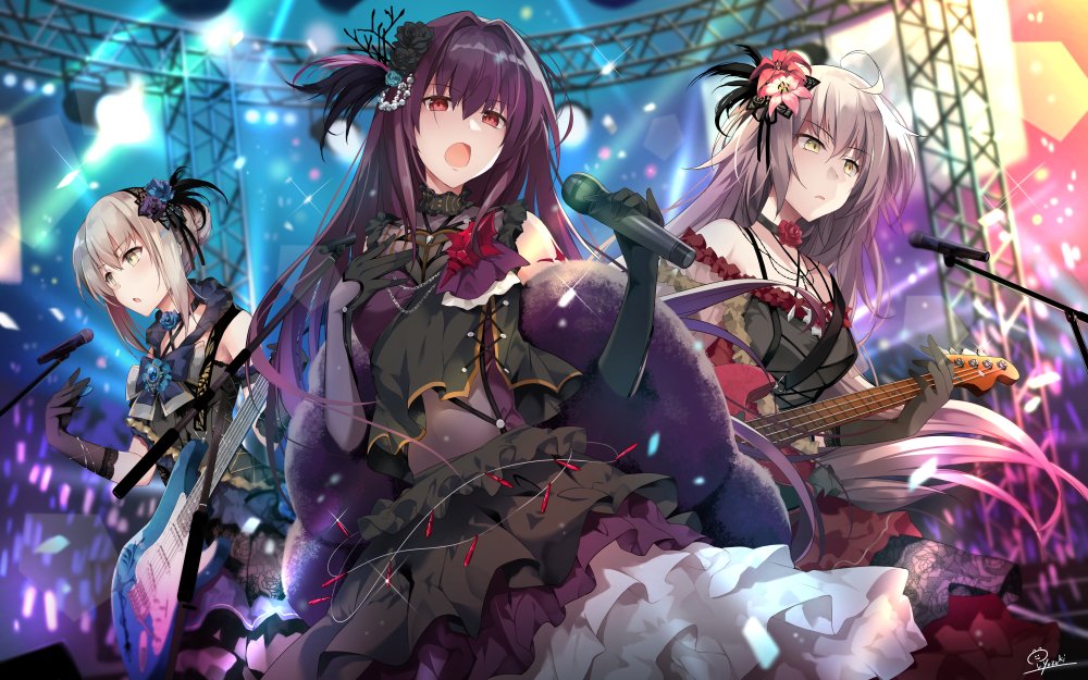 3girls ahoge artoria_pendragon_(all) bangs bass_guitar black_dress blurry blurry_background breasts choker confetti dress elbow_goves electric_guitar eyebrows_visible_through_hair fate/grand_order fate_(series) feather_boa flower glint gloves guitar hair_between_eyes hair_flower hair_ornament hair_ribbon hand_up hirai_yuzuki holding holding_instrument holding_microphone instrument jeanne_d'arc_(alter)_(fate) jeanne_d'arc_(fate)_(all) large_breasts layered_dress long_hair looking_at_viewer medium_breasts microphone multicolored multicolored_clothes multicolored_dress multiple_girls music open_mouth pinky_out purple_gloves purple_hair red_eyes ribbon ruby_(gemstone) saber_alter scathach_(fate)_(all) scathach_(fate/grand_order) sidelocks signature silver_hair singing stage stage_lights tied_hair tsurime very_long_hair yellow_eyes